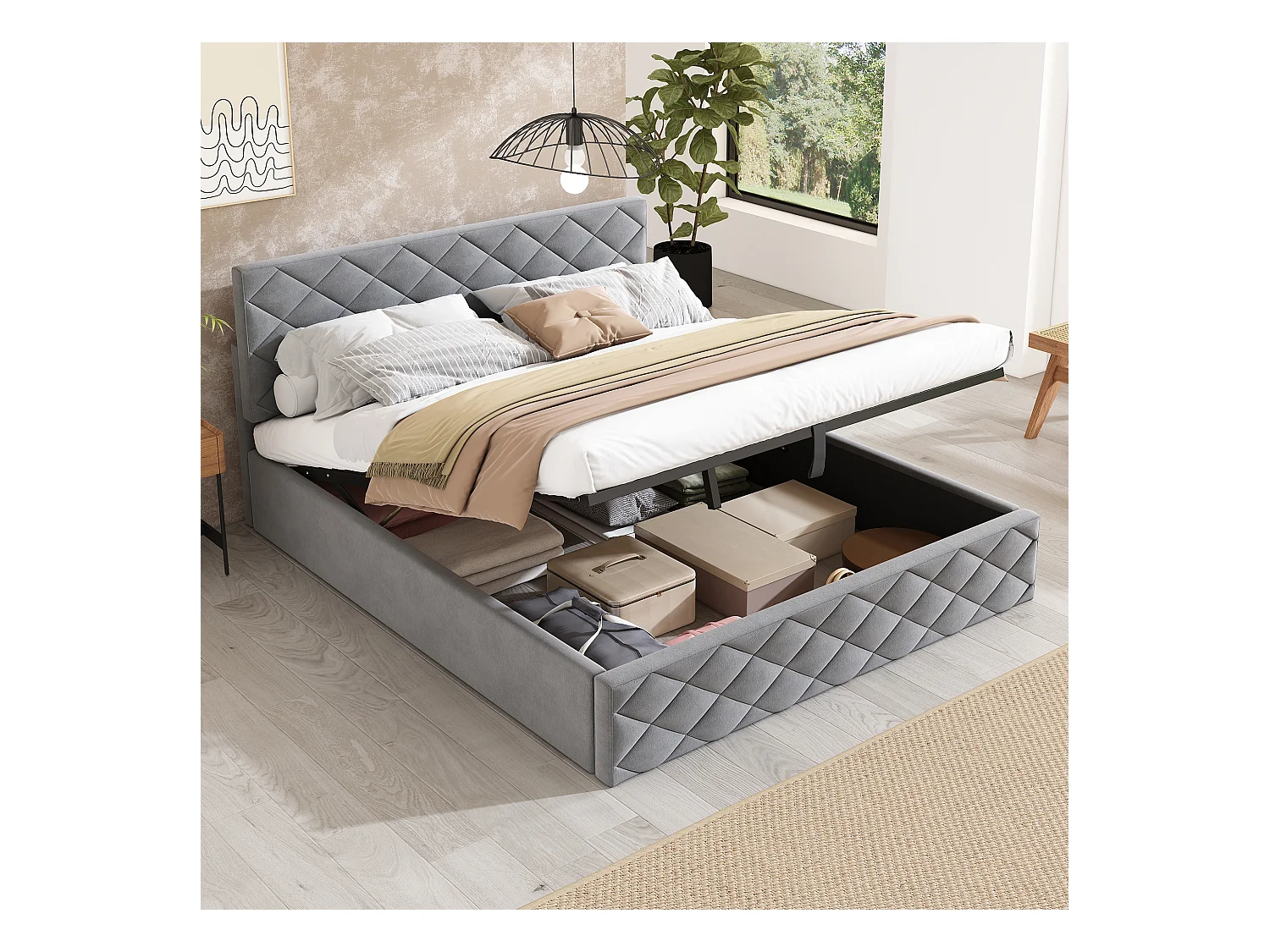 Cama hidráulica tapizada 140x200 cm terciopelo gris con base y canapé