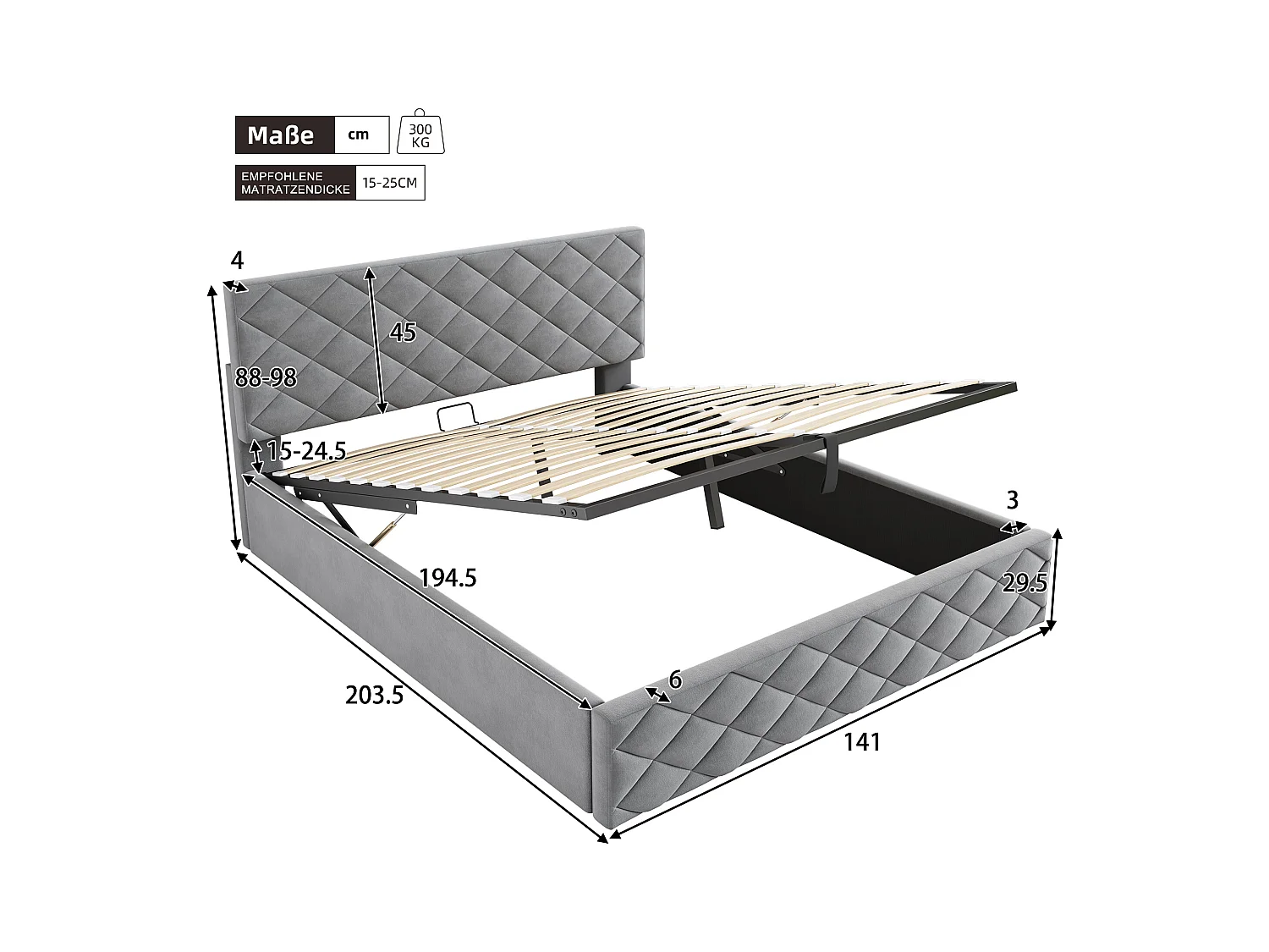 Cama hidráulica tapizada 140x200 cm terciopelo gris con base y canapé