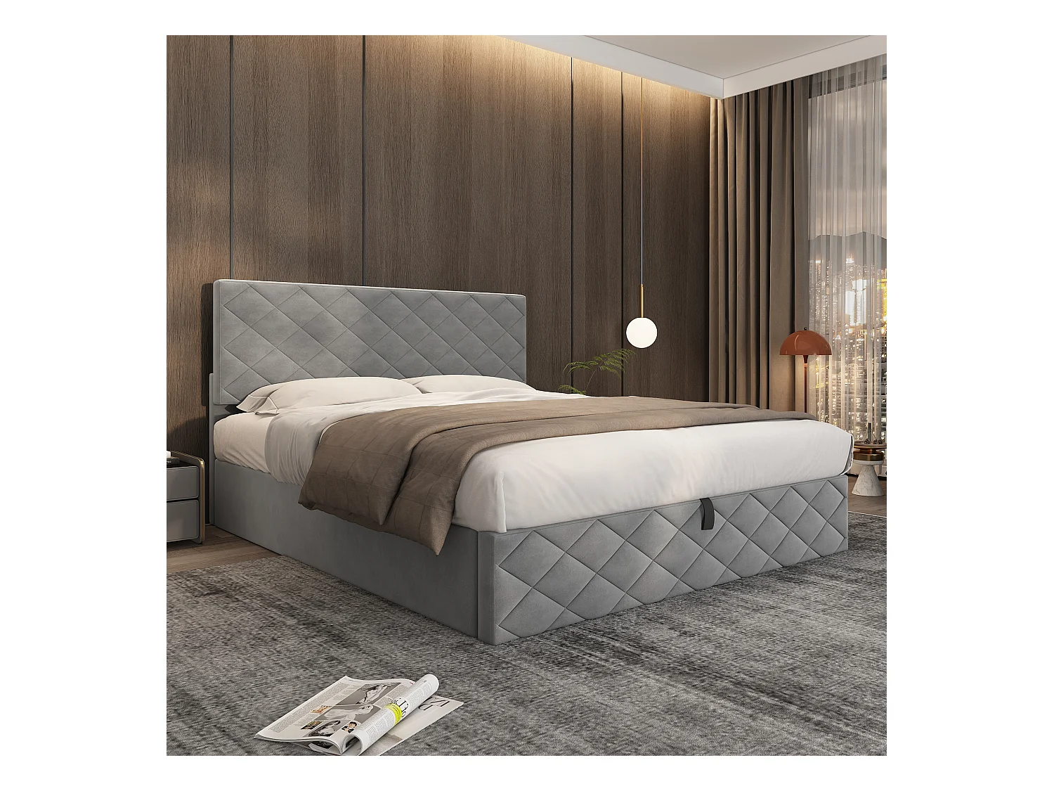 Cama hidráulica tapizada 140x200 cm terciopelo gris con base y canapé