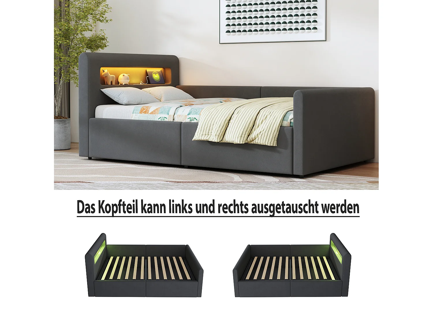 Lit enfant 90x200 cm velluto grigio foncé LED USB range idraulico multifunzione