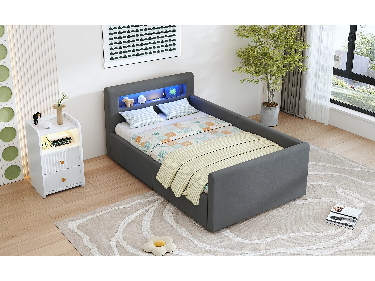 Lit enfant 90x200 cm velluto grigio foncé LED USB range idraulico multifunzione