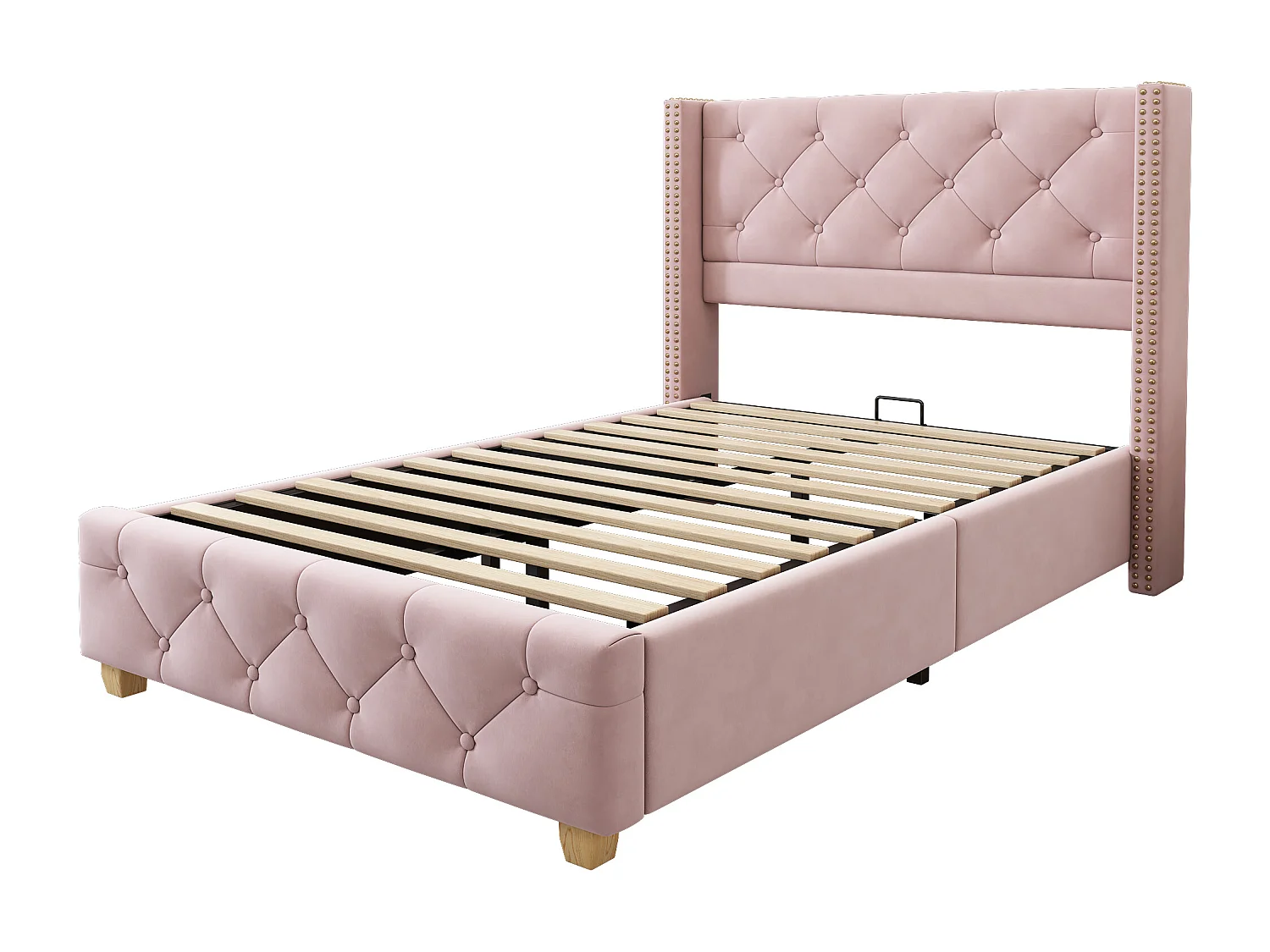 Cama de veludo rosa 90x200 cm com cabeceira estofada e pés de madeira
