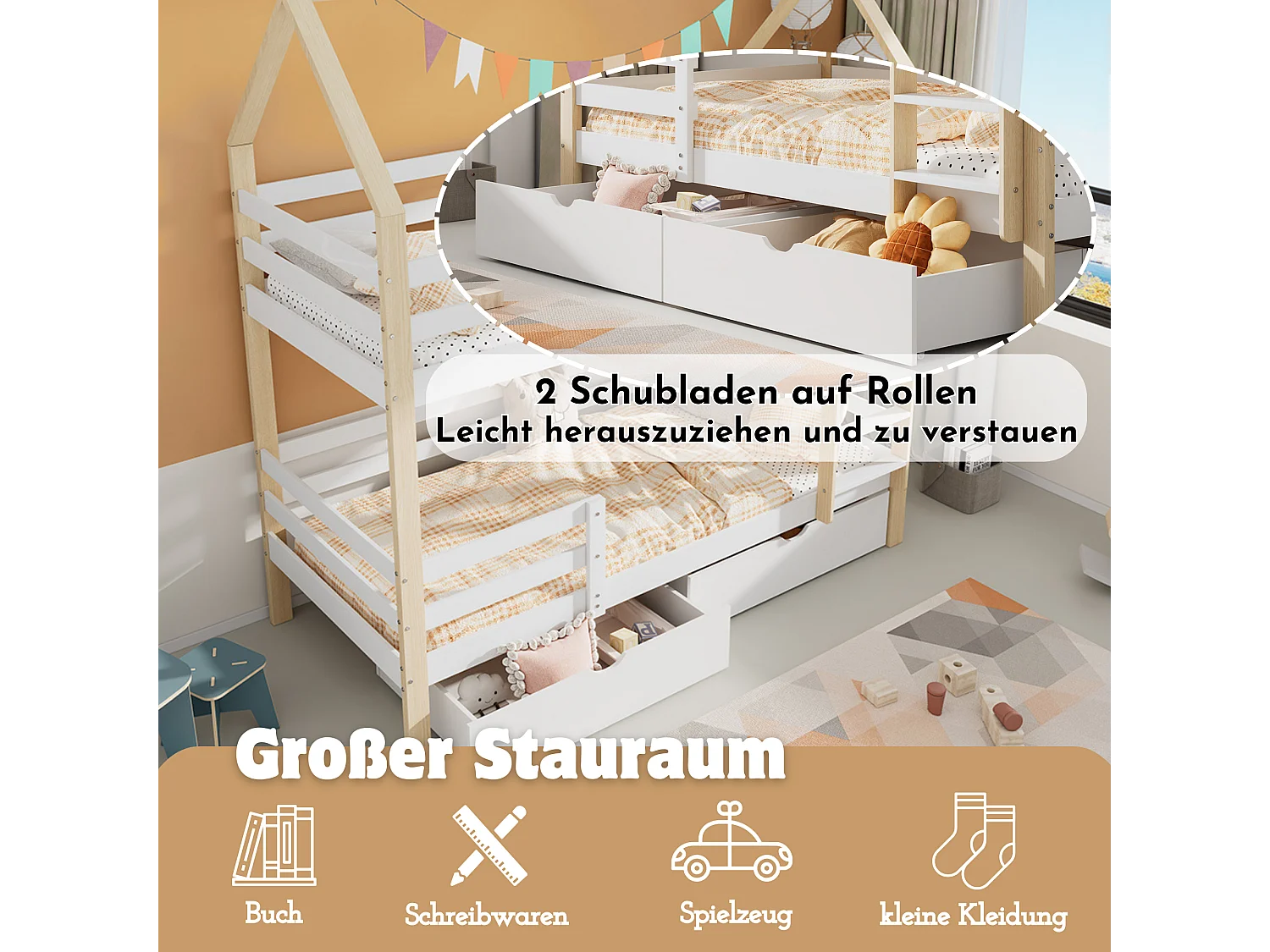 Lit enfant 90x200 cm en bois massif avec tiroirs, lit maison double pour enfants blanc et naturel