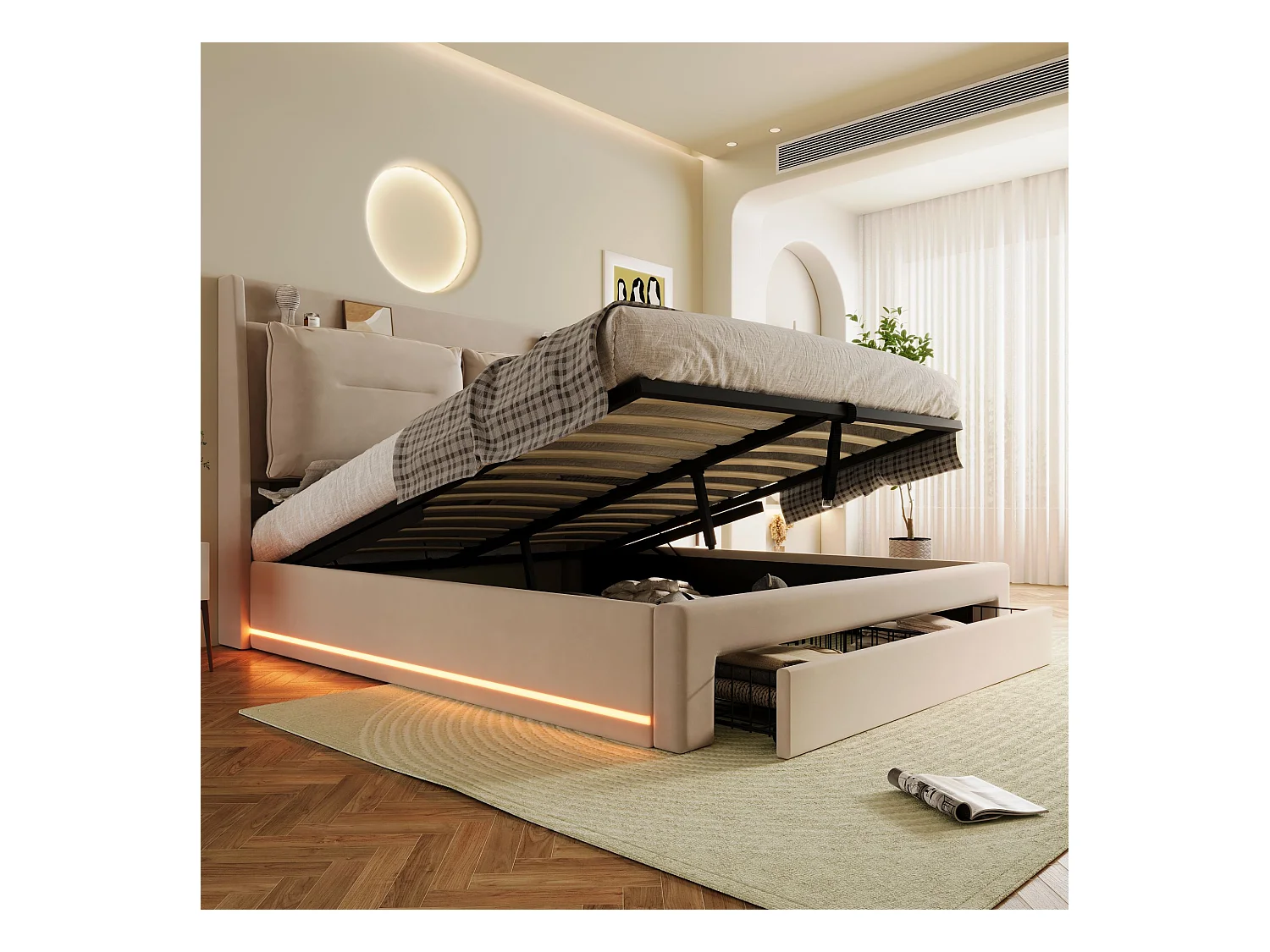 Cama tapizada LED 140x200 terciopelo beige con almacenaje hidráulico y cajones integrados