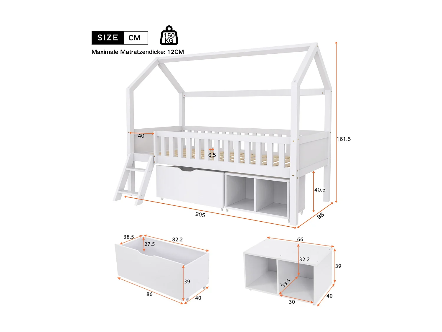 Lit maison enfant 200x90cm bois con tiroirs et barrières sécurité blanc