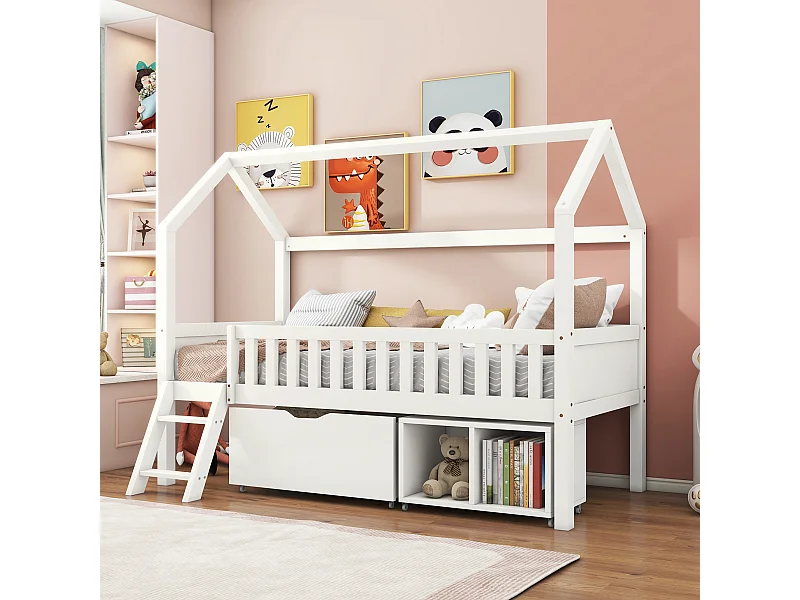 Lit maison enfant 200x90cm bois con tiroirs et barrières sécurité blanc