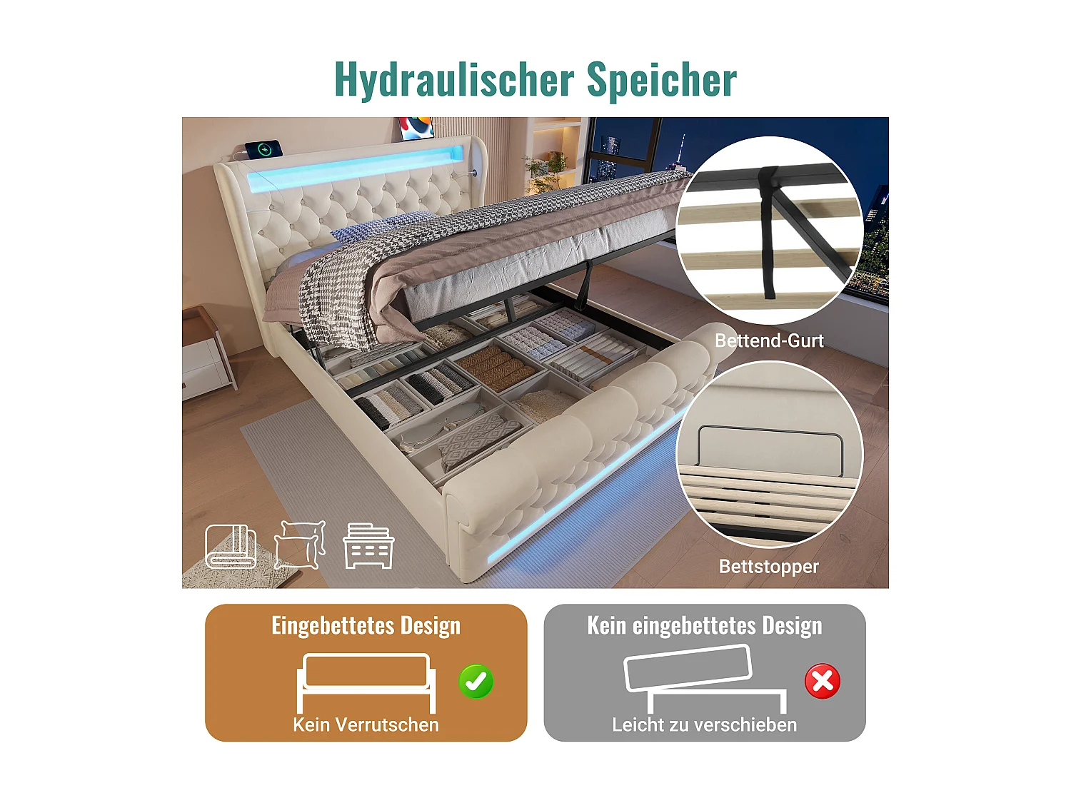 Cama de solteiro estofada 100x200cm veludo bege com armazenamento hidráulico LED tomadas USB tipo C