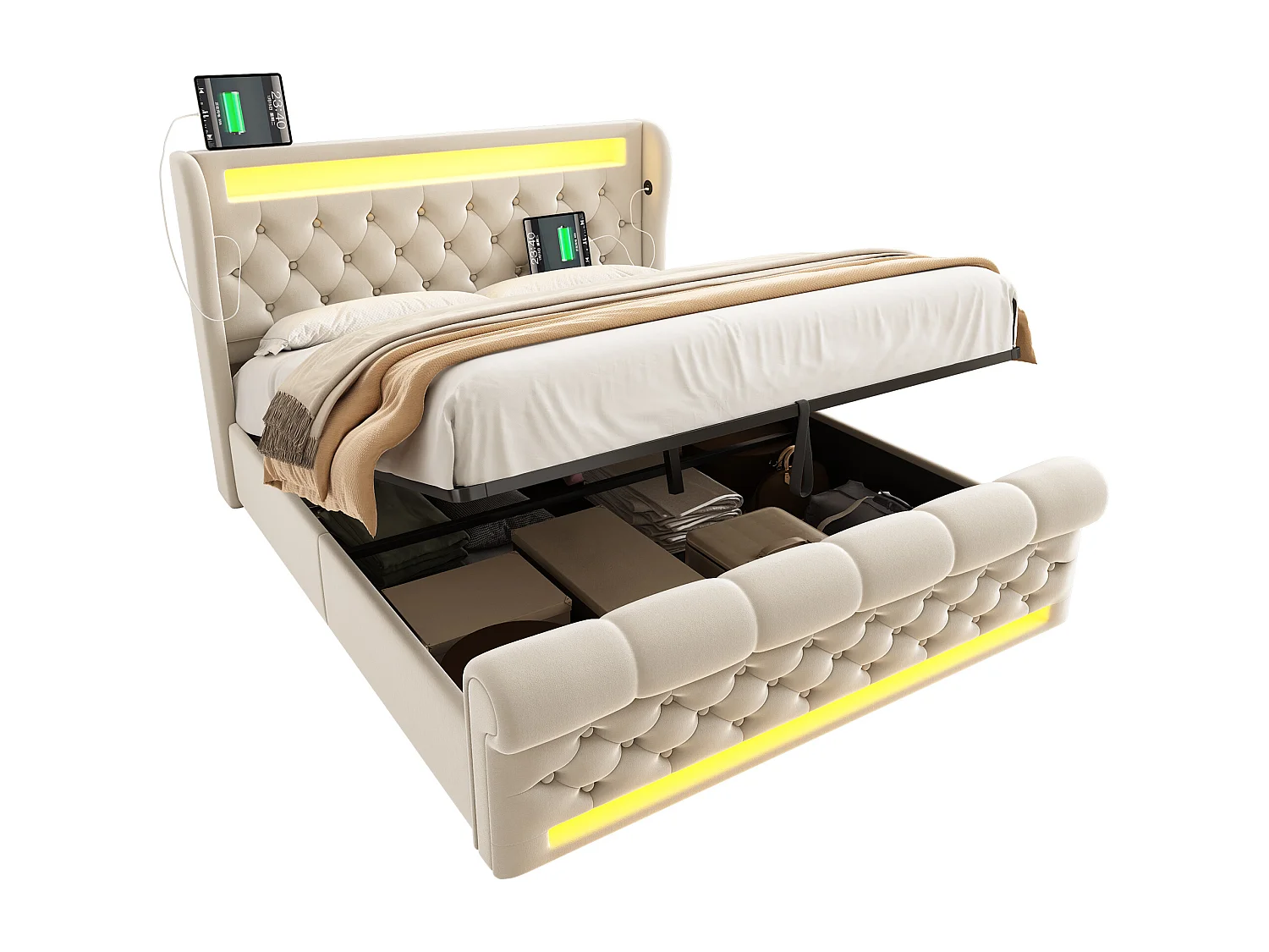 Cama de solteiro estofada 100x200cm veludo bege com armazenamento hidráulico LED tomadas USB tipo C