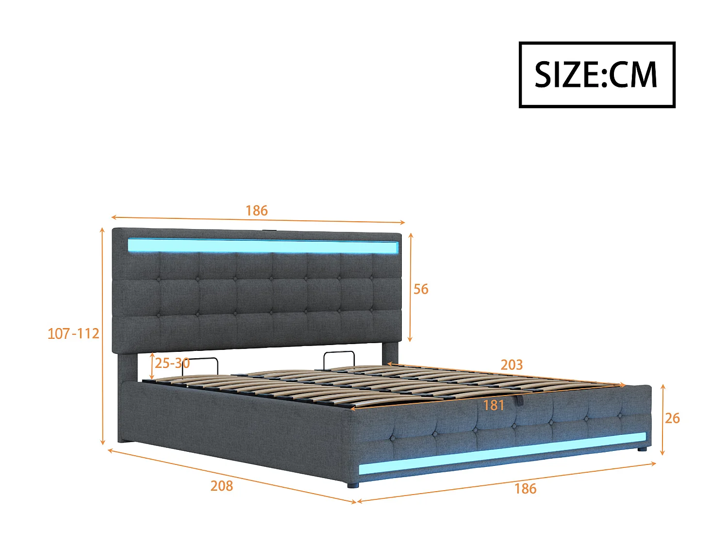 Cama de adulto 180x200 cm linho cinza LED RGB USB moderno armazenamento hidráulico