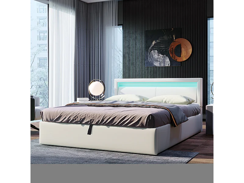 Lit 140x200 cm bianco simile cuoio con LED e rangement intégré