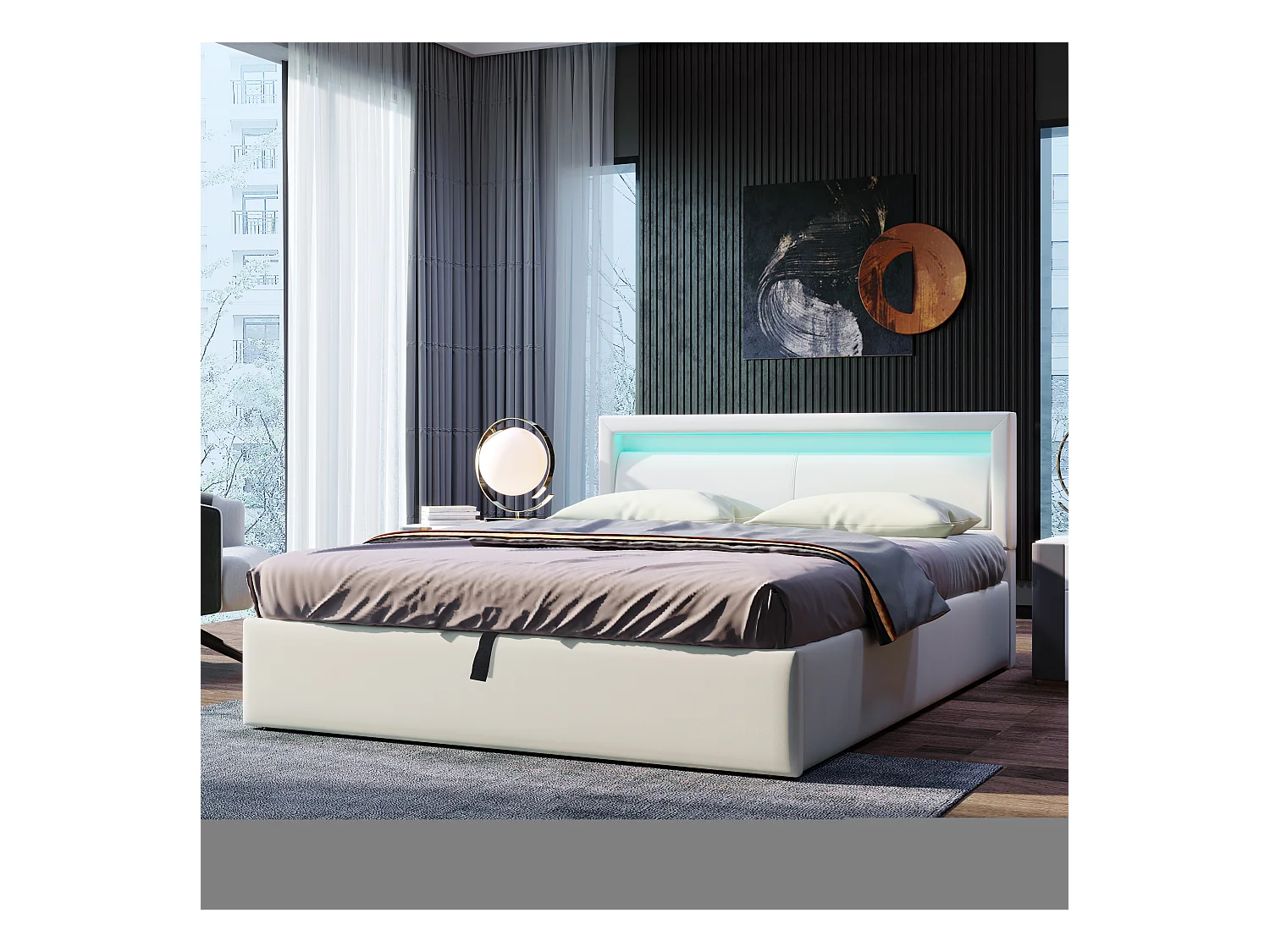 Lit 140x200 cm bianco simile cuoio con LED e rangement intégré