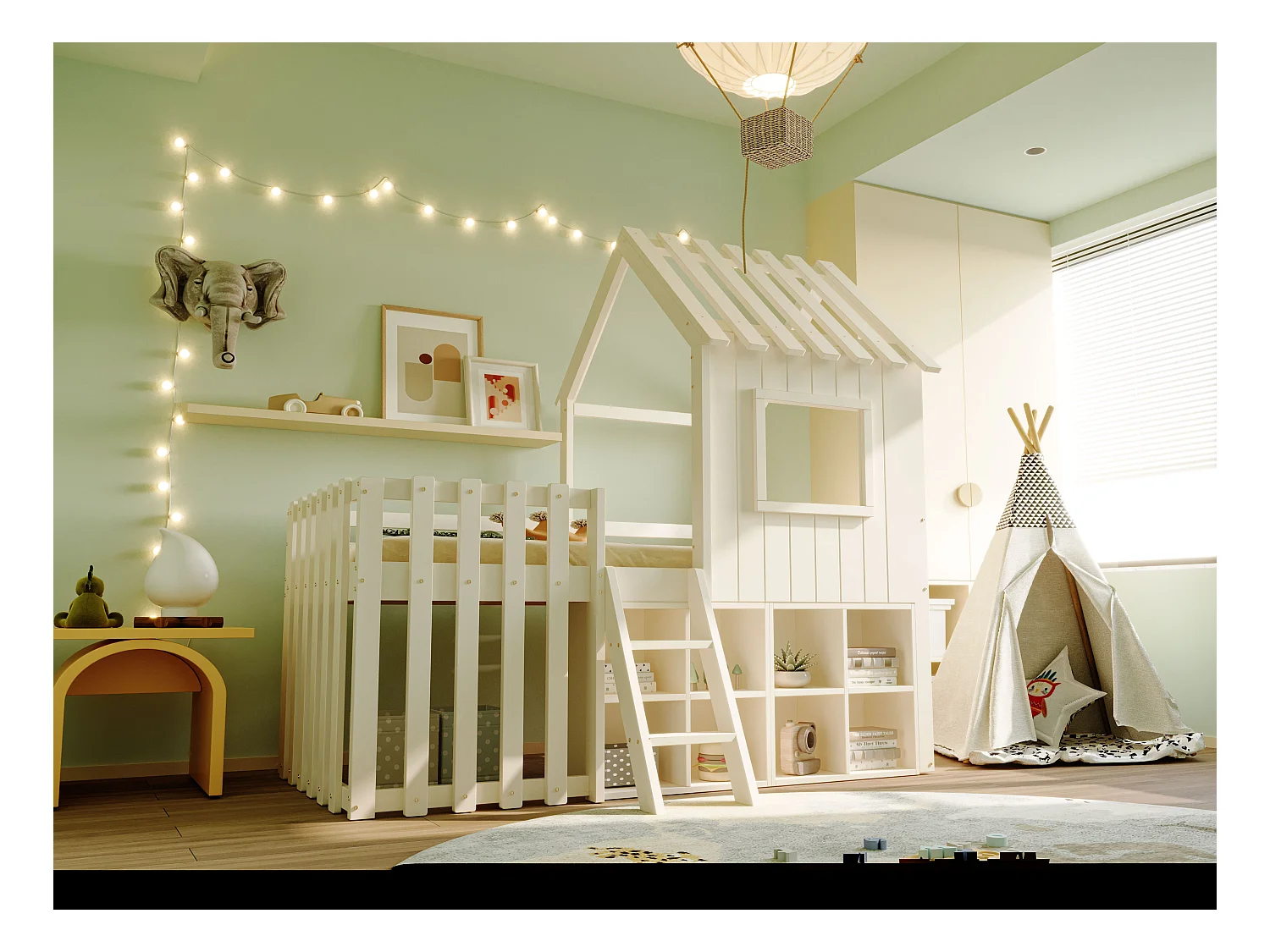 Cama infantil 90x200cm madeira maciça estilo casa com janela de telhado armazenamento branco