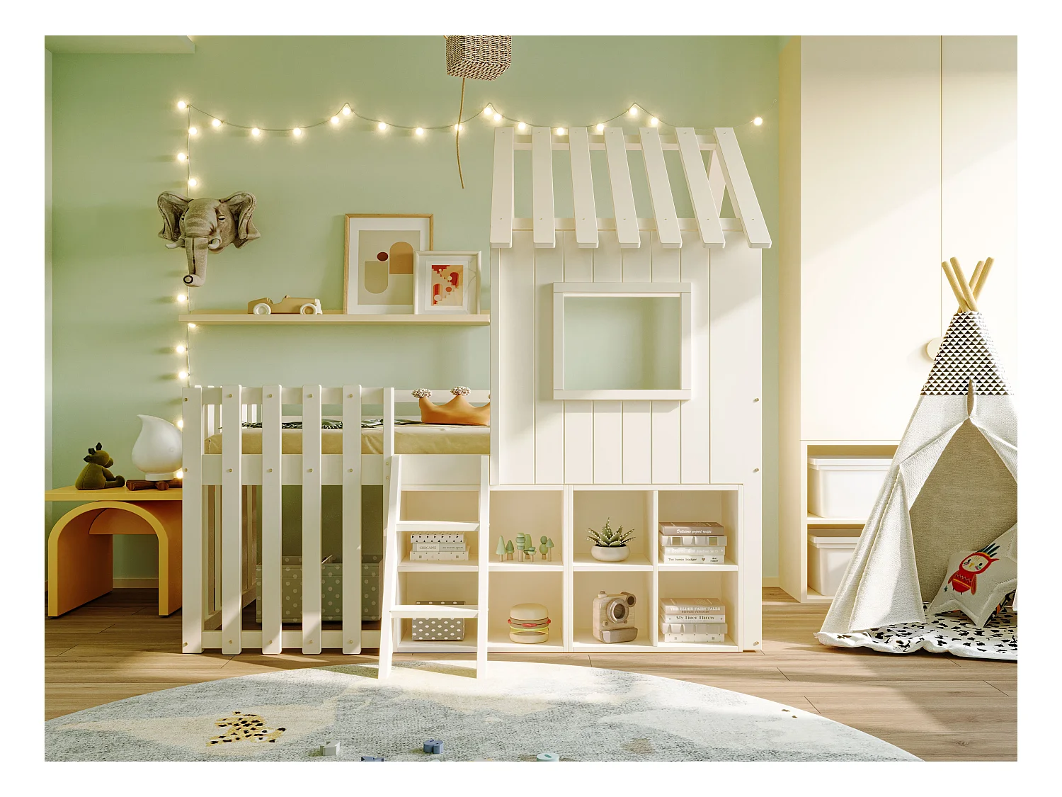 Cama infantil 90x200cm madeira maciça estilo casa com janela de telhado armazenamento branco