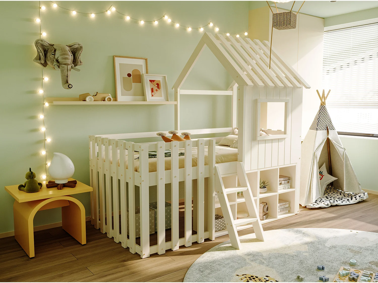 Cama infantil 90x200cm madeira maciça estilo casa com janela de telhado armazenamento branco