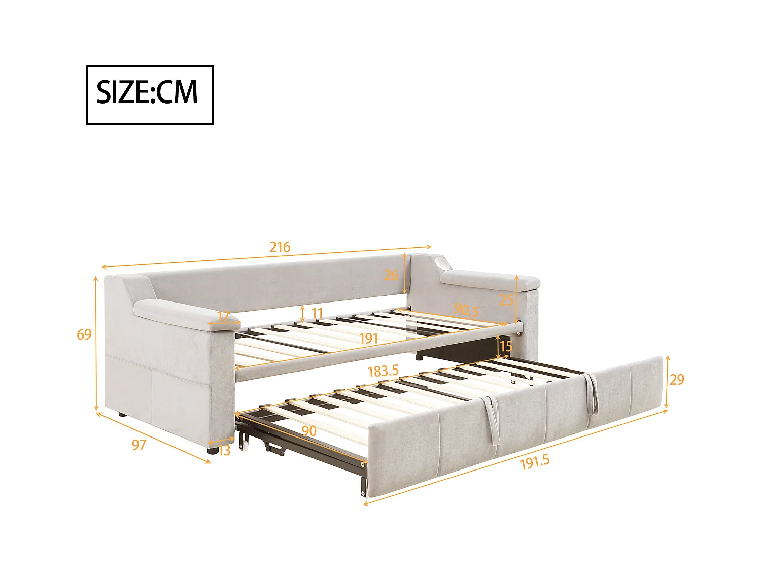 Canapé-lit 90/180x190 cm velluto beige con porte USB Bluetooth rangement multifunzione