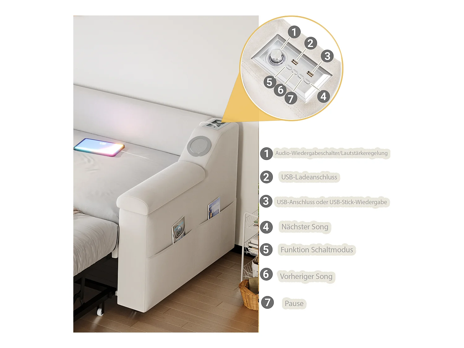 Canapé-lit 90/180x190 cm velluto beige con porte USB Bluetooth rangement multifunzione