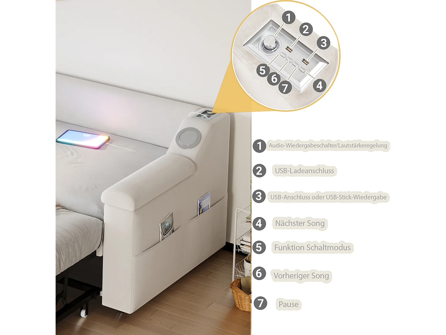 Canapé-lit 90/180x190 cm velluto beige con porte USB Bluetooth rangement multifunzione