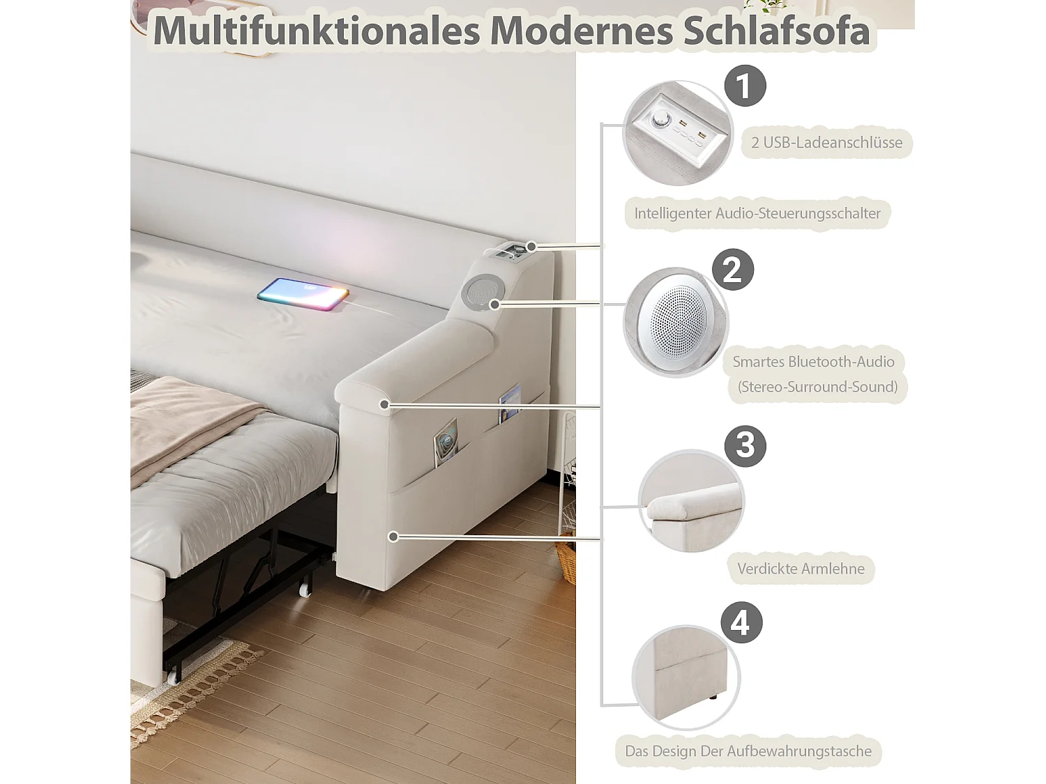 Canapé-lit 90/180x190 cm velluto beige con porte USB Bluetooth rangement multifunzione