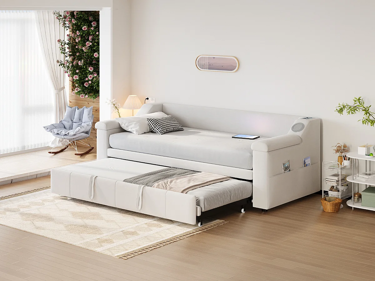 Canapé-lit 90/180x190 cm velluto beige con porte USB Bluetooth rangement multifunzione