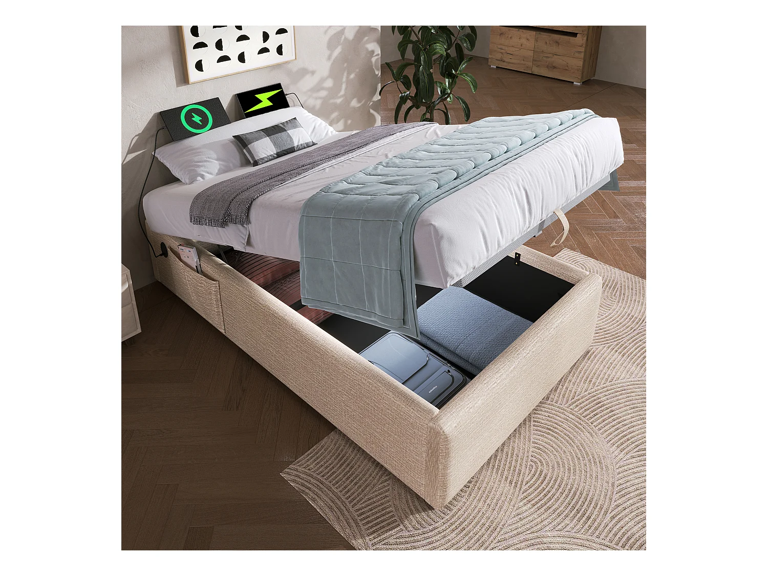 Cama infantil 90x200cm em linho natural claro com caixa hidráulica USB Tipo C e estante integrada