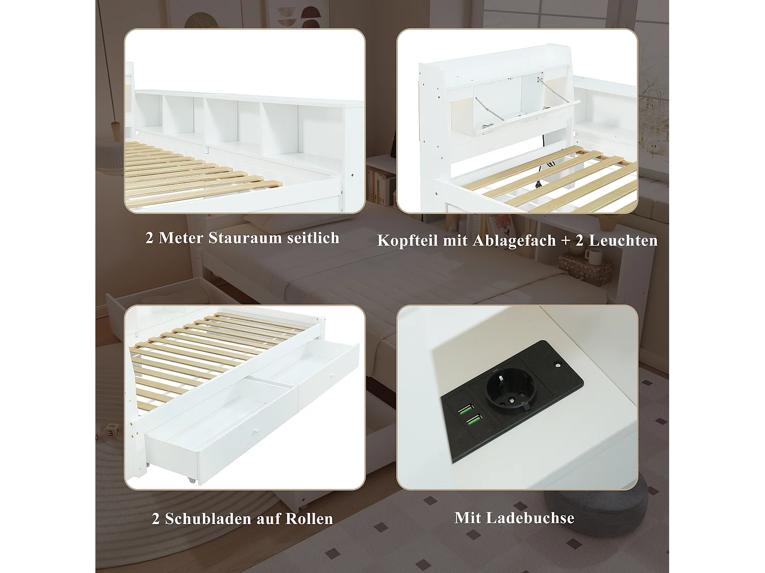 Lit simple bois 90x200 cm con tête de lit étagère, lampes, tiroirs et armoires blanc