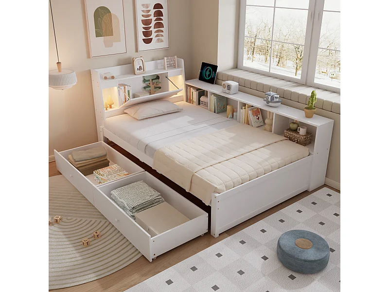 Lit simple bois 90x200 cm con tête de lit étagère, lampes, tiroirs et armoires blanc