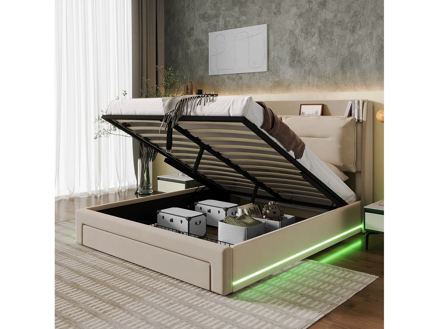 Cama tapizada LED 160x200 terciopelo beige con almacenaje hidráulico y cajones integrados