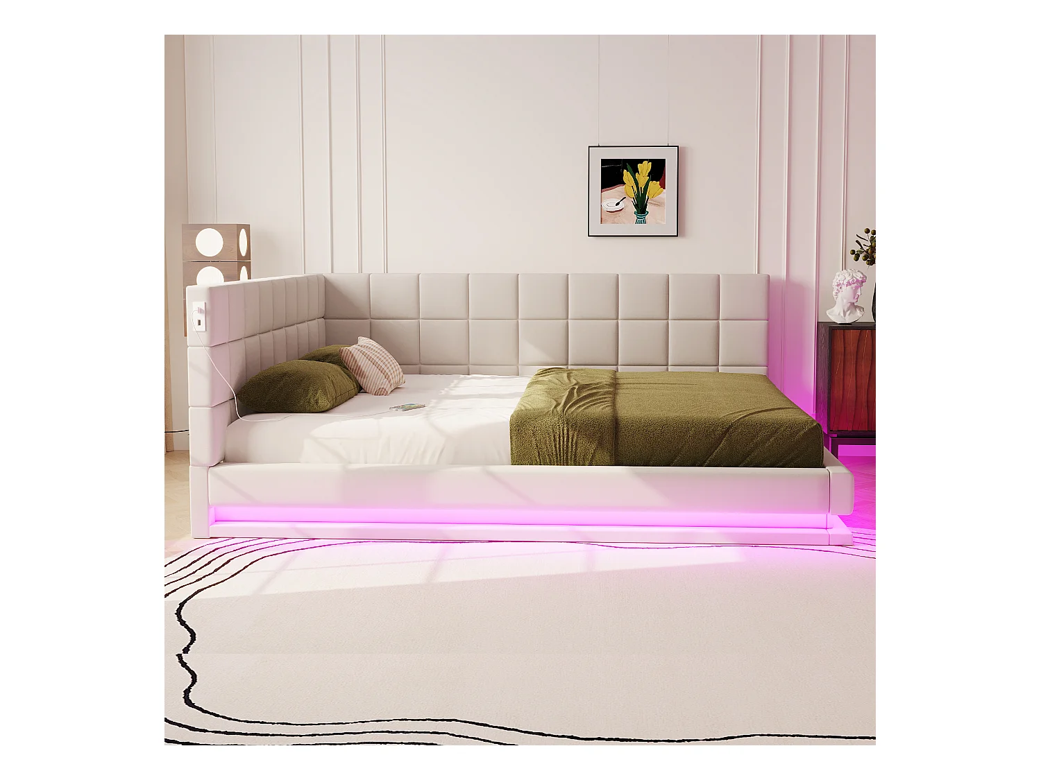 Canapé-lit 160x200 cm velluto beige con LED USB tiroirs multifunzione confortevole moderno