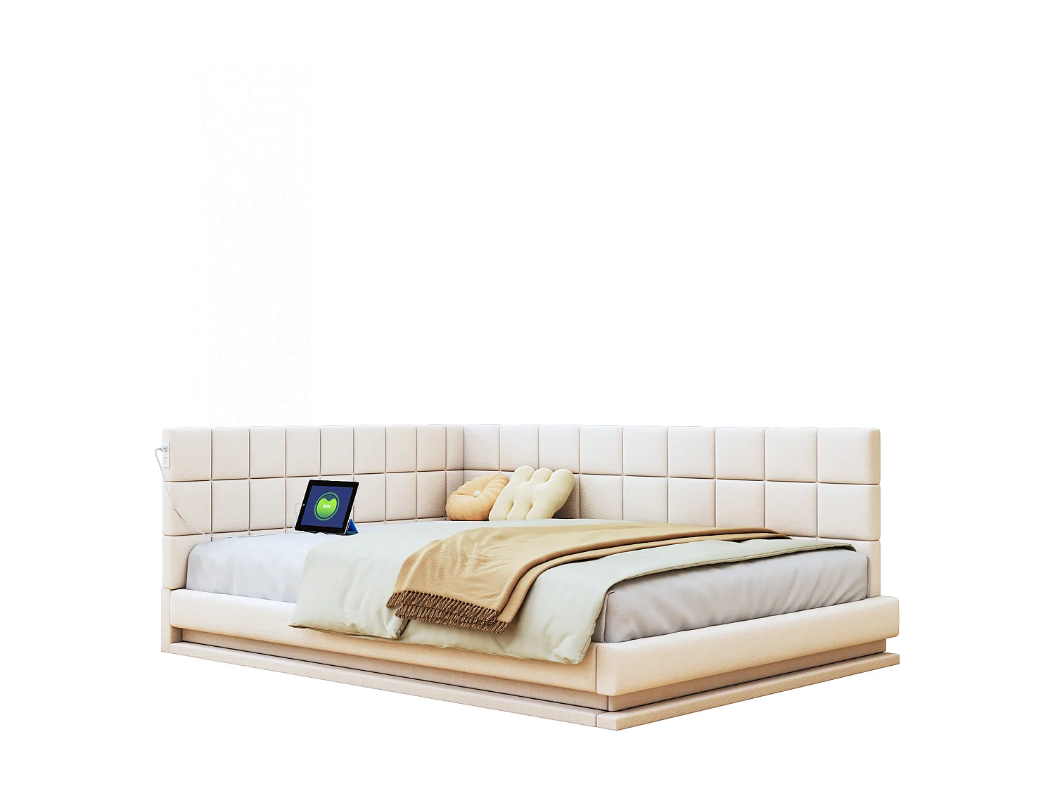 Canapé-lit 160x200 cm velluto beige con LED USB tiroirs multifunzione confortevole moderno