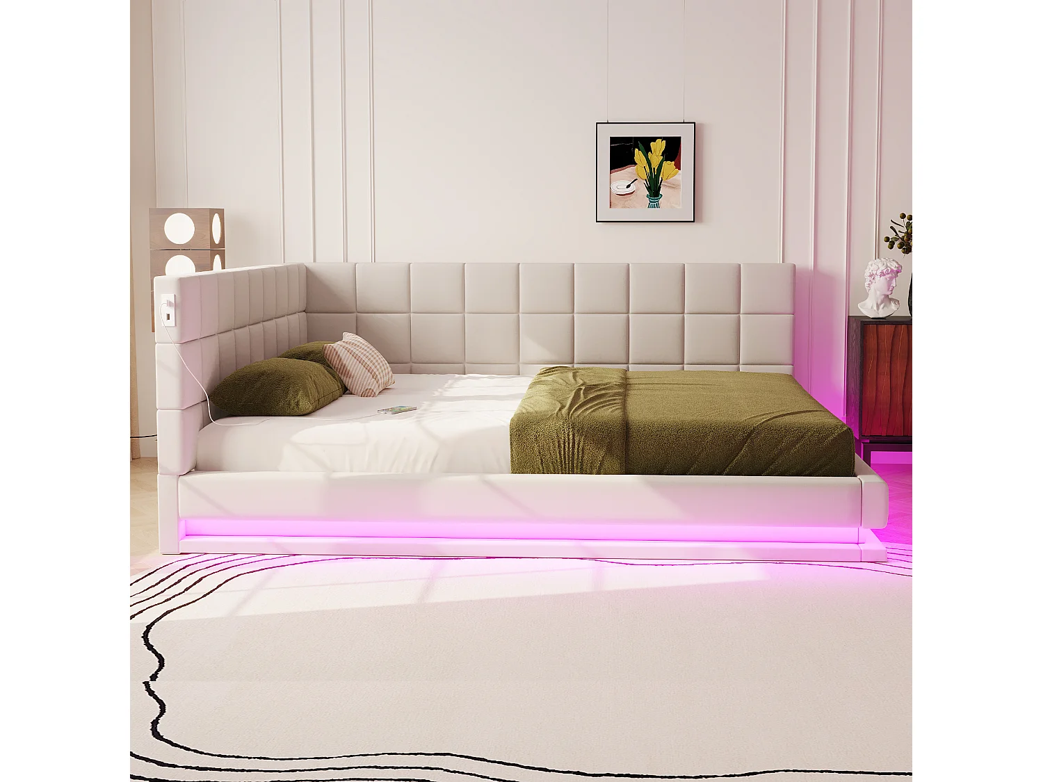 Sofá-cama 160x200 cm veludo bege com gavetas LED USB multifunções confortável moderno