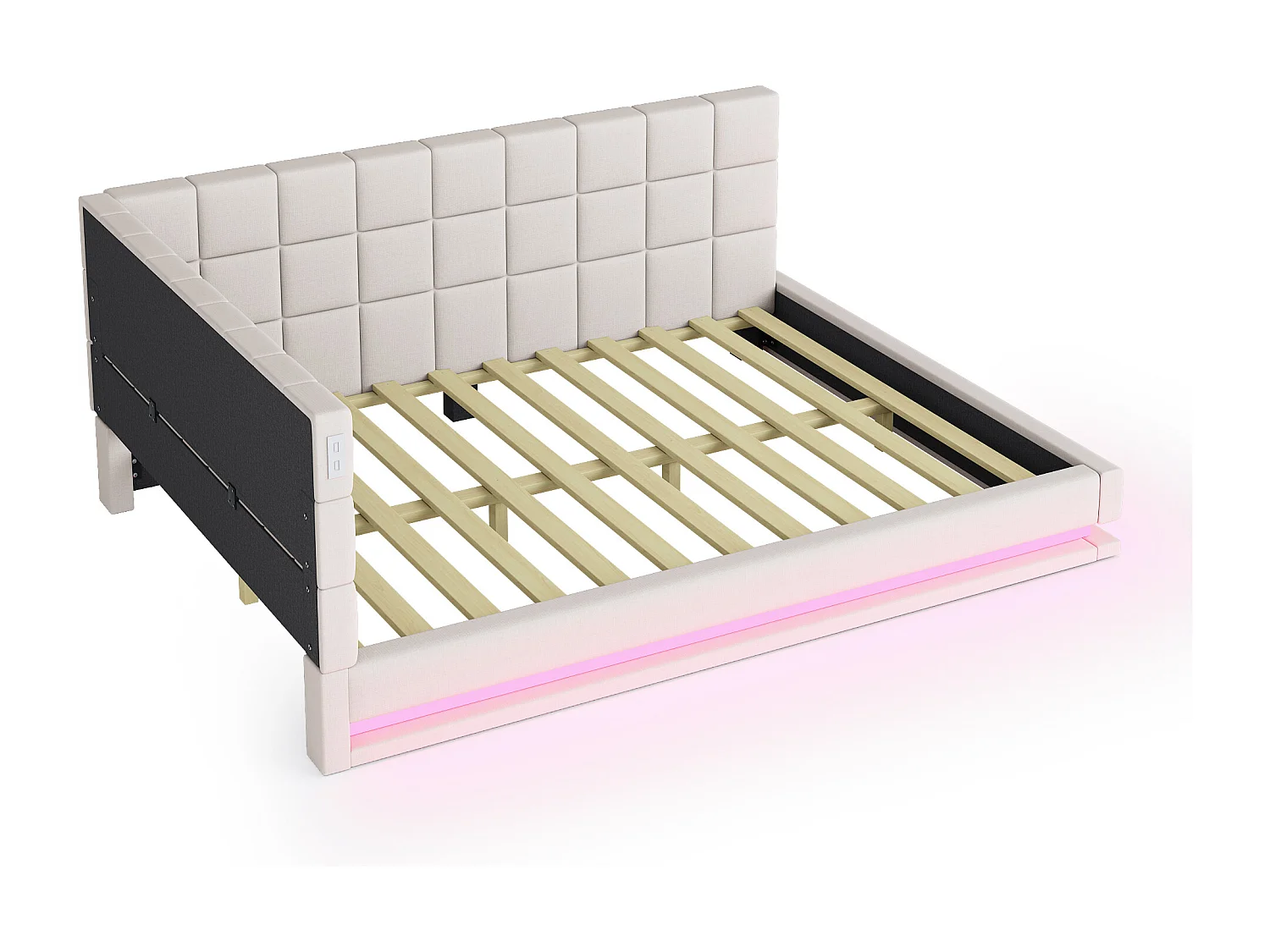 Sofá-cama 160x200 cm veludo bege com gavetas LED USB multifunções confortável moderno