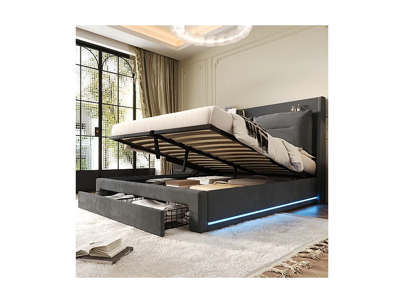 Cama tapizada LED 140x190 terciopelo gris con almacenaje hidráulico y cajones integrados