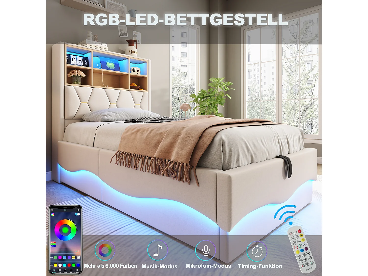 Cama infantil 90x200 cm lino beige LED RGB USB multifunción almacenaje hidráulico