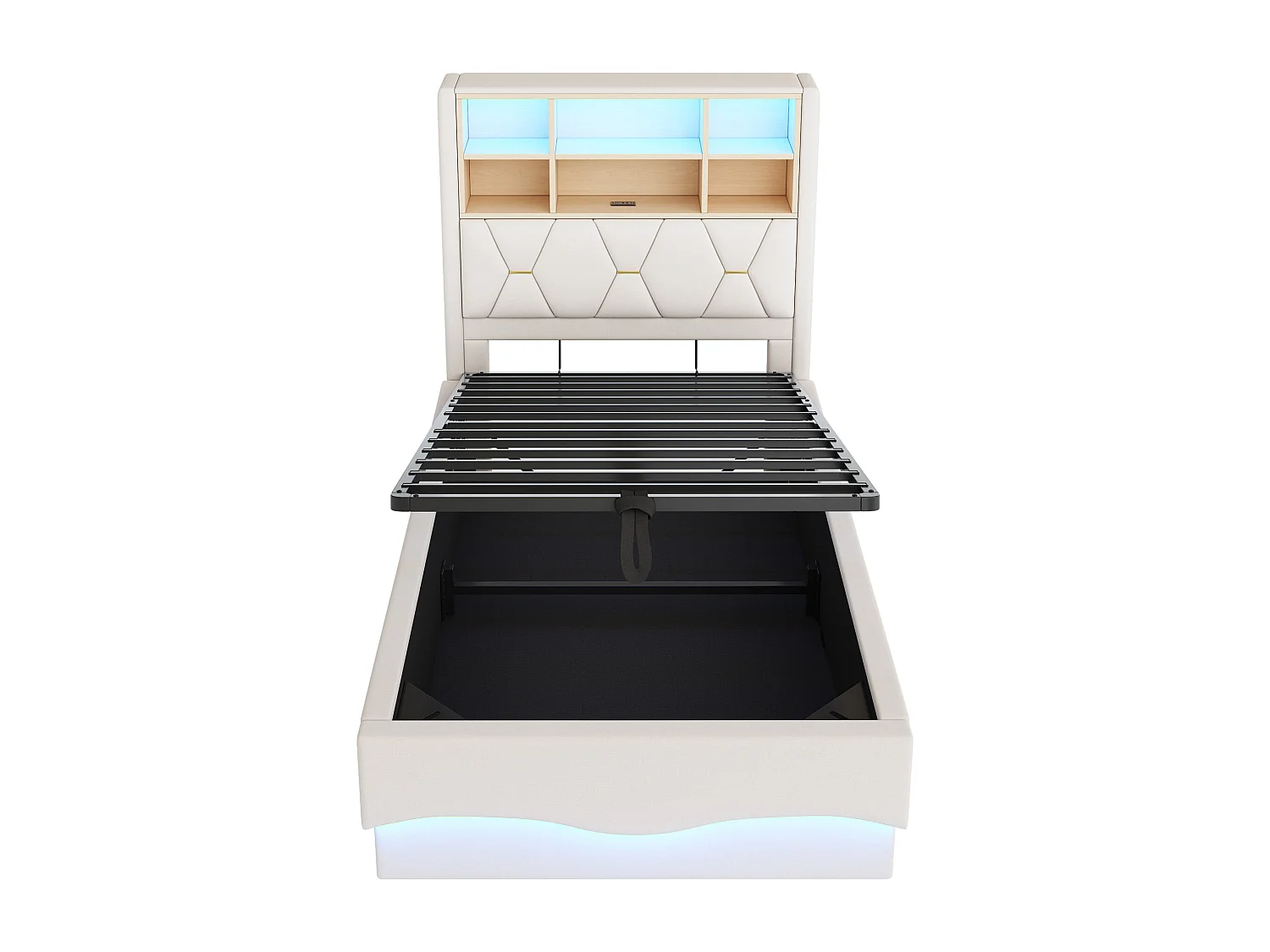 Cama infantil 90x200 cm lino beige LED RGB USB multifunción almacenaje hidráulico