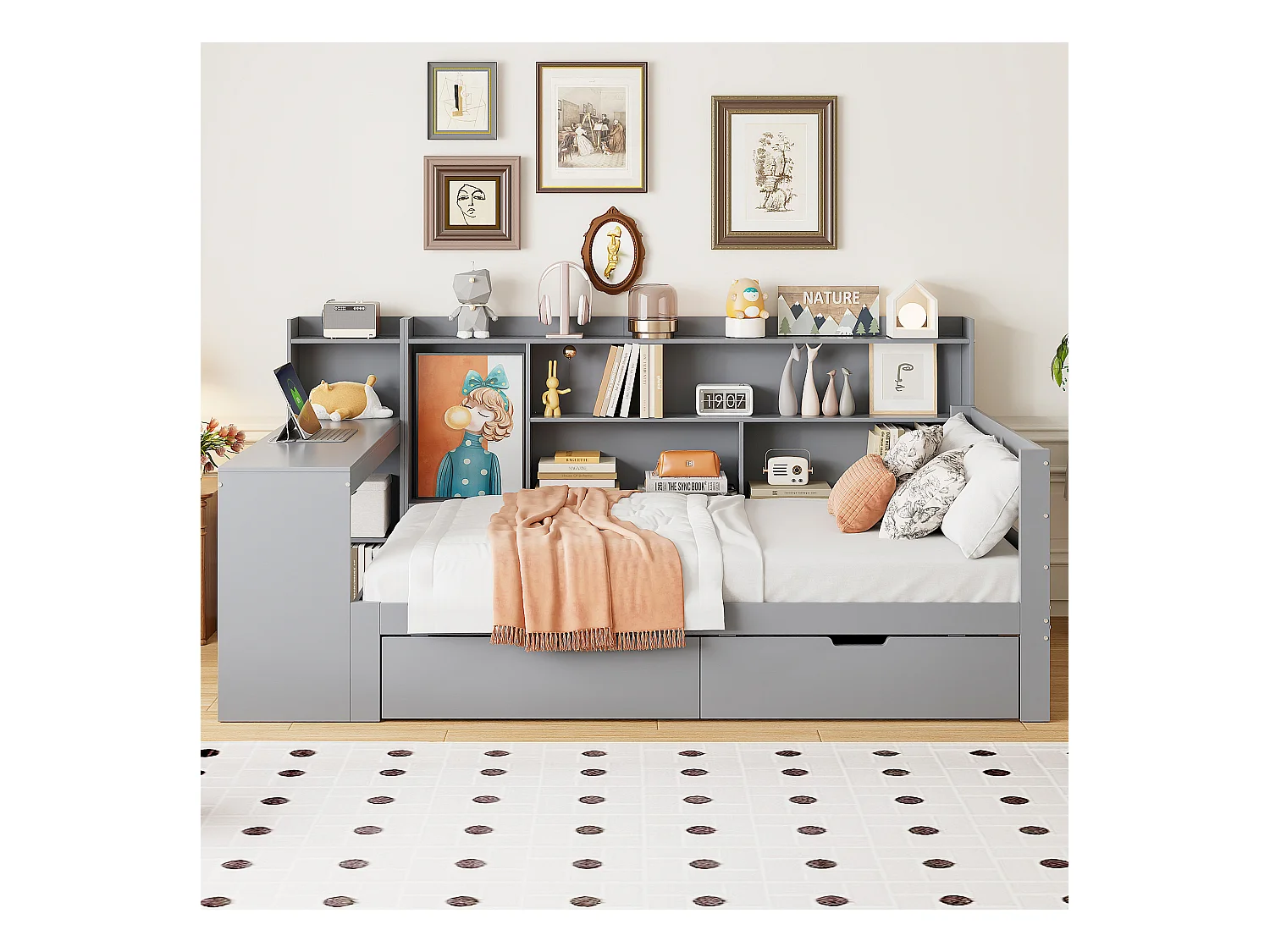 Canapé-lit 90x200cm bois massif multifunzione con scrivania étagères prezzi USB grigio