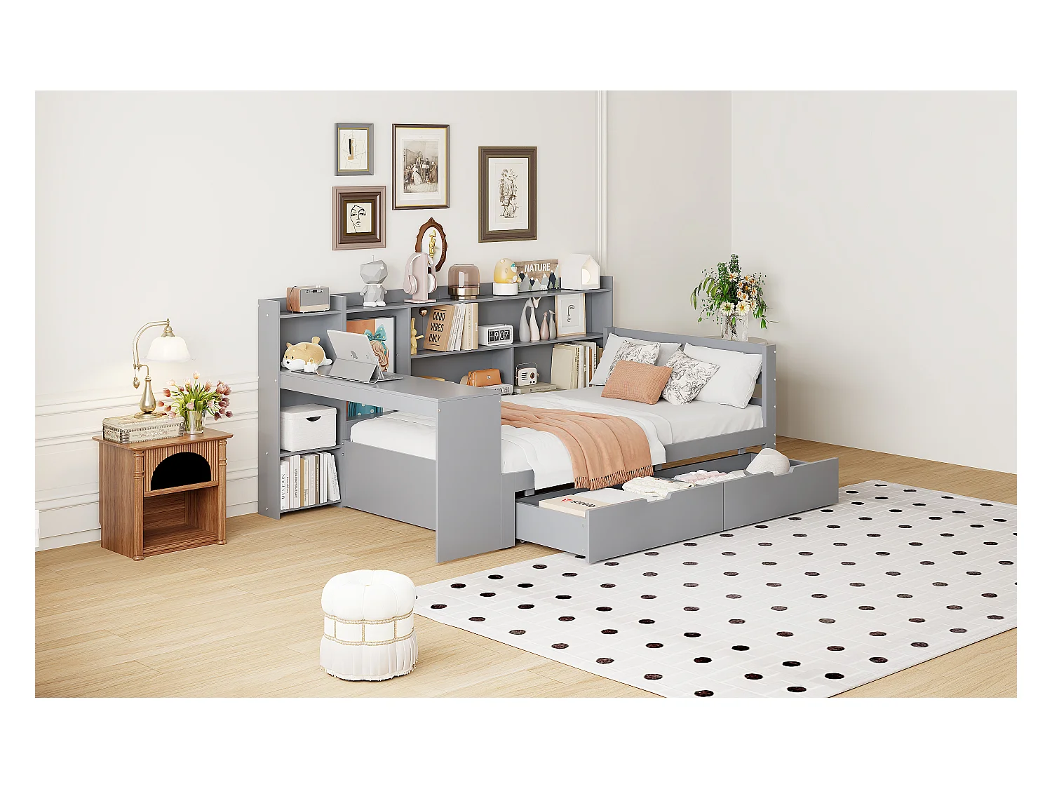 Canapé-lit 90x200cm bois massif multifunzione con scrivania étagères prezzi USB grigio