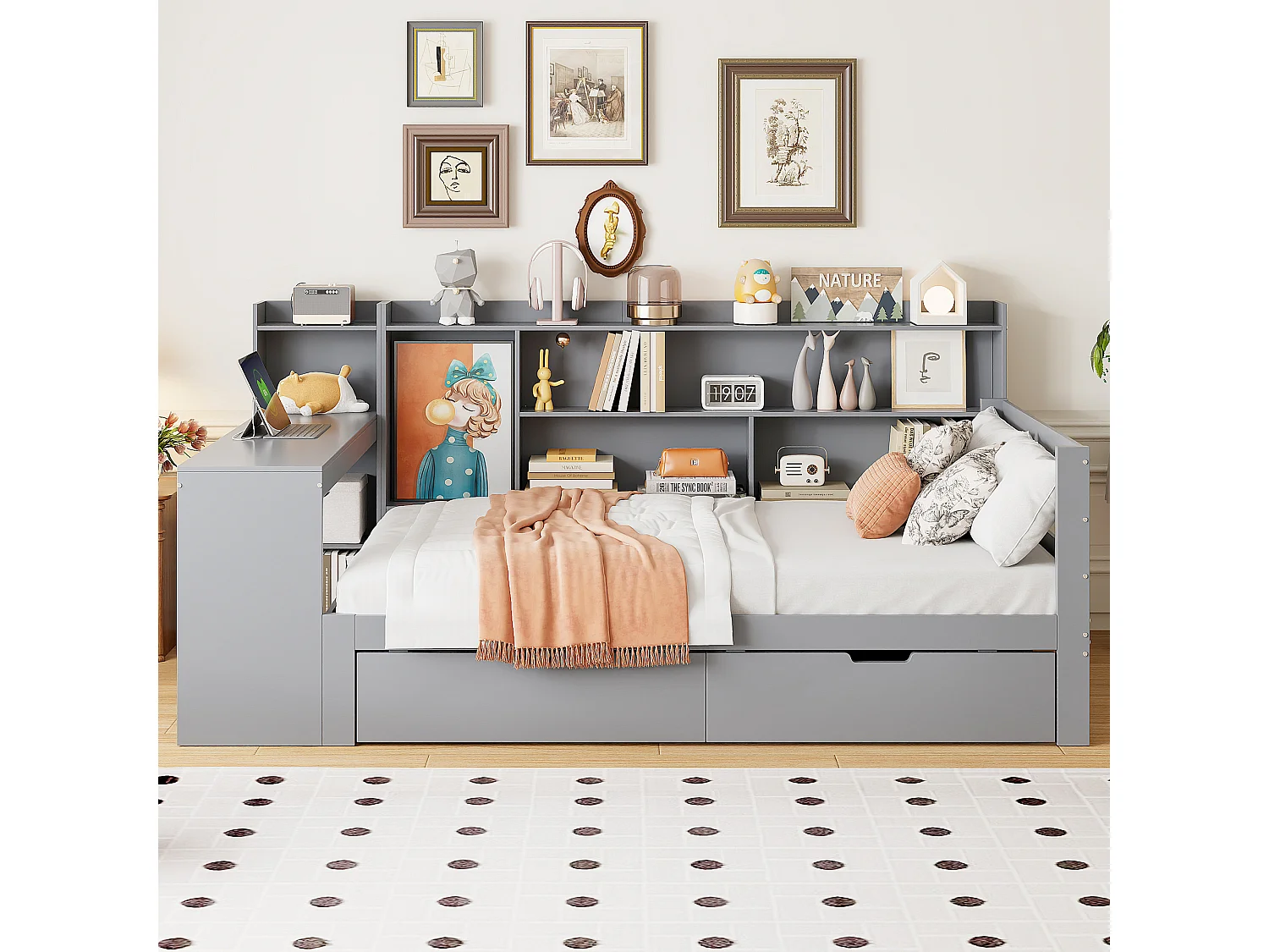 Sofá-cama 90x200cm madeira maciça multifunções com prateleiras e tomadas USB cinza