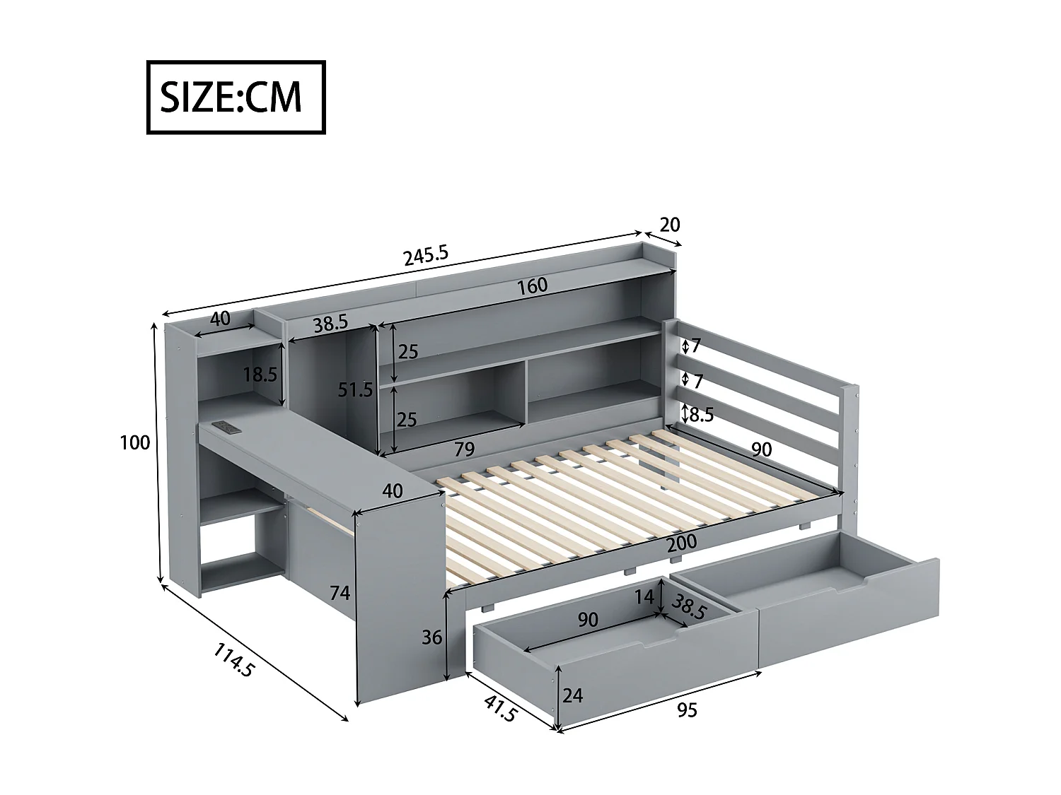 Sofá-cama 90x200cm madeira maciça multifunções com prateleiras e tomadas USB cinza