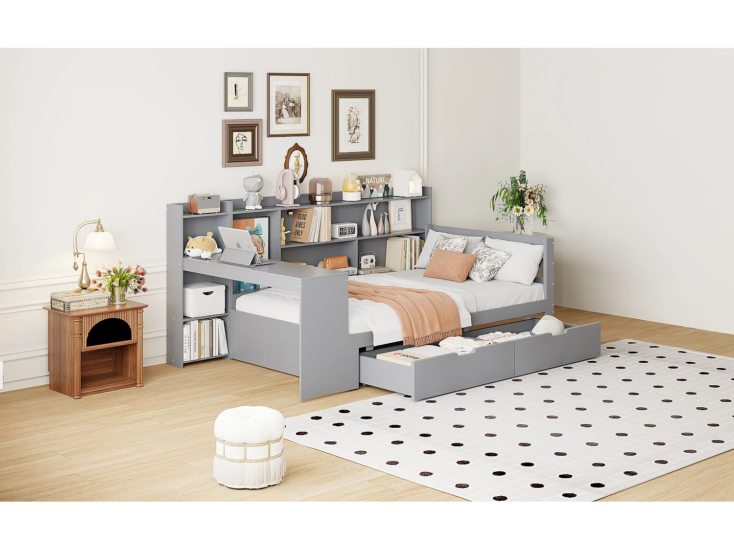 Sofá-cama 90x200cm madeira maciça multifunções com prateleiras e tomadas USB cinza