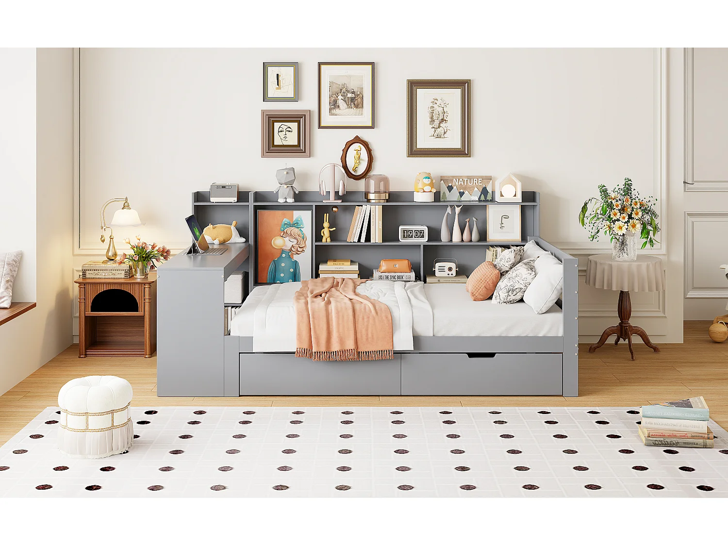 Sofá-cama 90x200cm madeira maciça multifunções com prateleiras e tomadas USB cinza