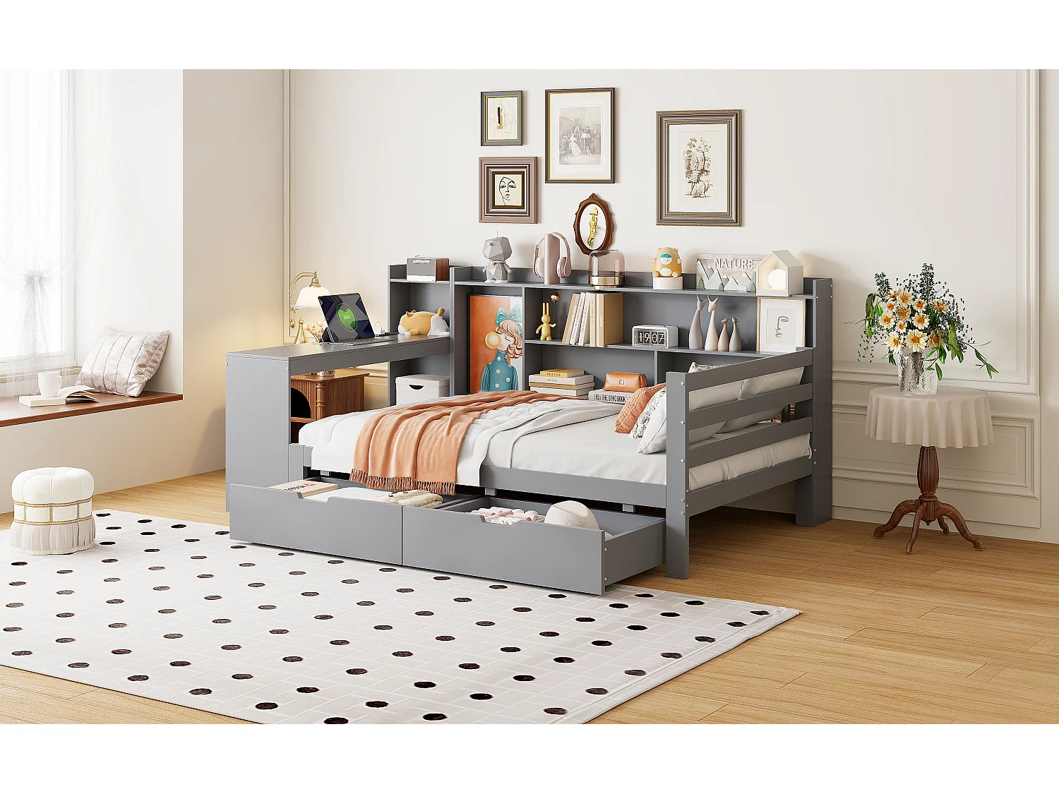 Sofá-cama 90x200cm madeira maciça multifunções com prateleiras e tomadas USB cinza