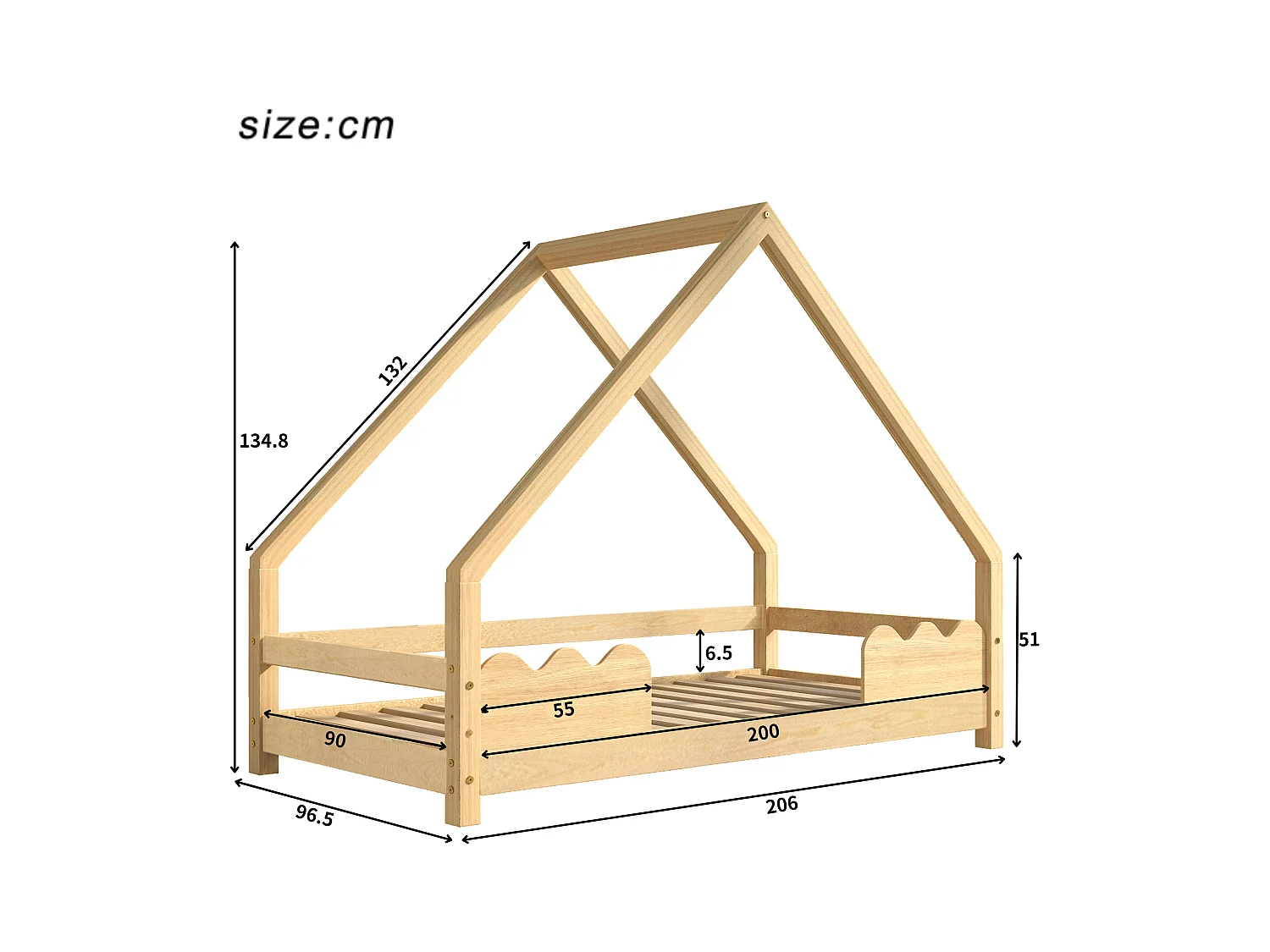 Cama infantil 90x200 madeira maciça com grades de segurança e base de ripas naturais