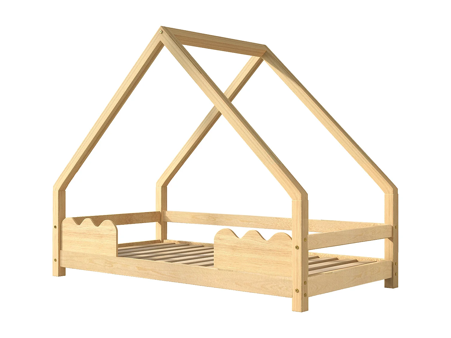 Lit maison 90x200 enfant bois massif avec barrières de sécurité et lattenrost naturel