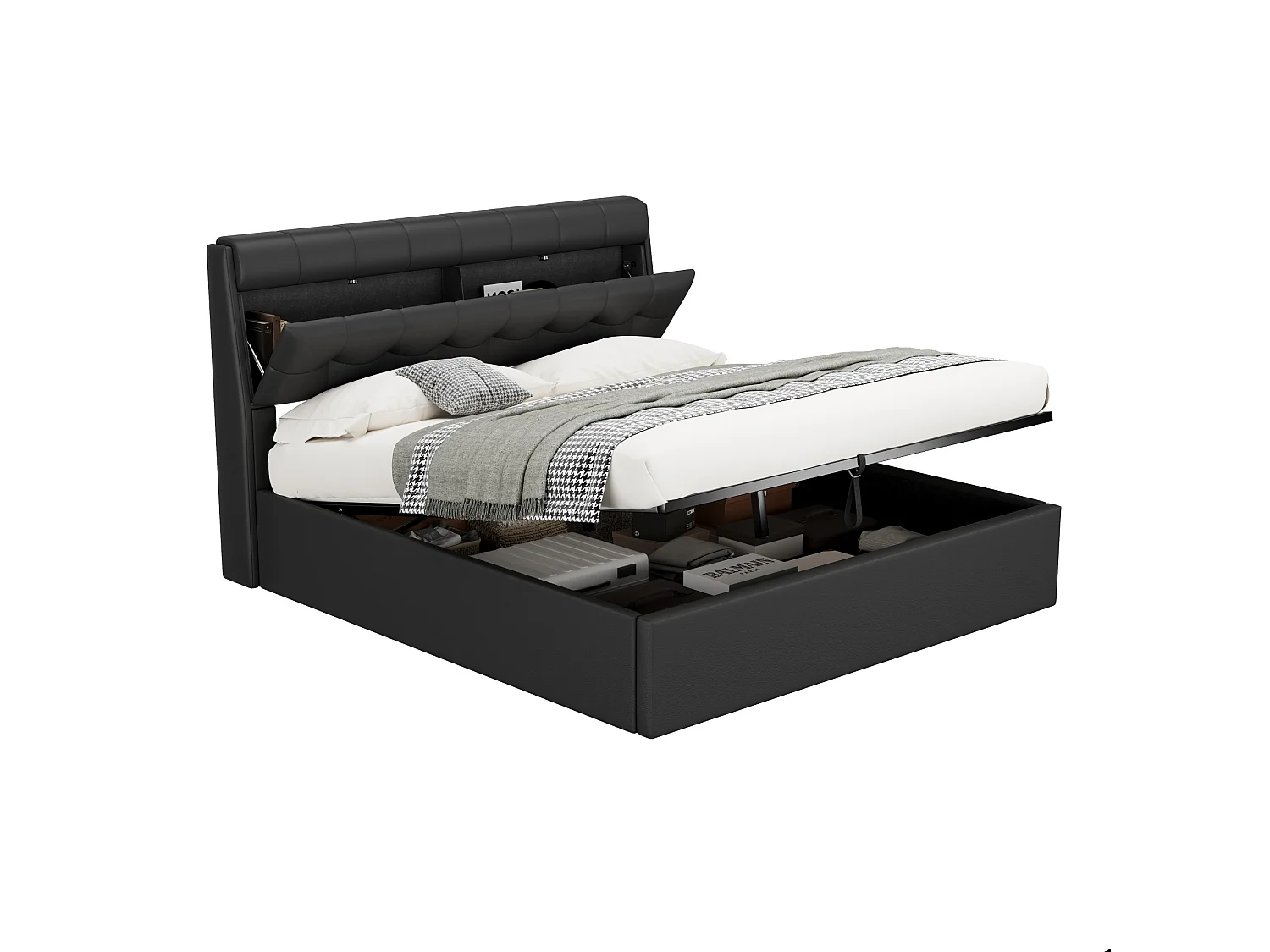 Cama tapizada 160x200 PU negra con cofre hidráulico y cabecero