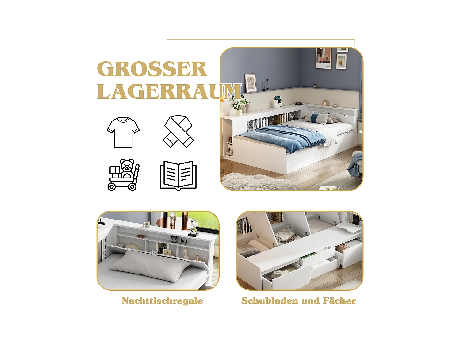 Lit enfant 90x200cm MDF bianco con cassetti biblioteca e rangements intégrés sans matelas