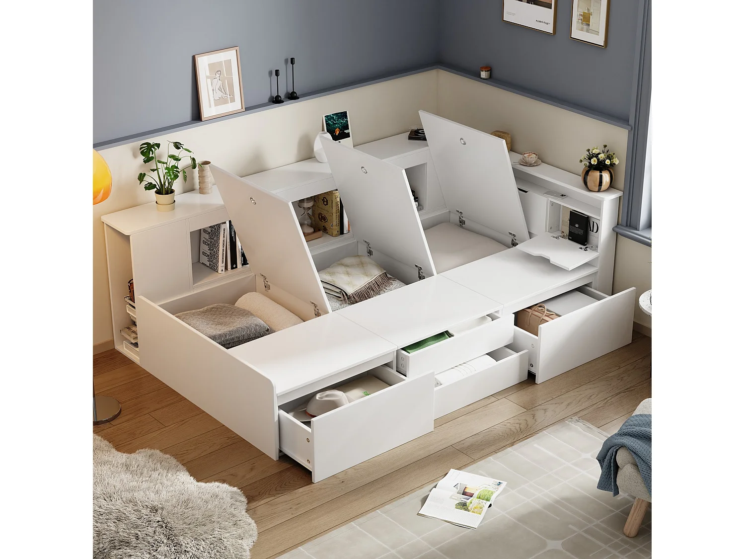 Cama infantil 90x200cm MDF branco com gavetas estante e arrumação integrada sem colchão