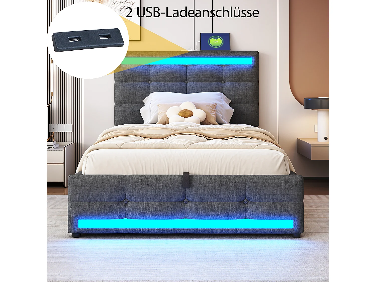 Cama infantil 90x200 cm linho cinza LED RGB USB armazenamento hidráulico moderno