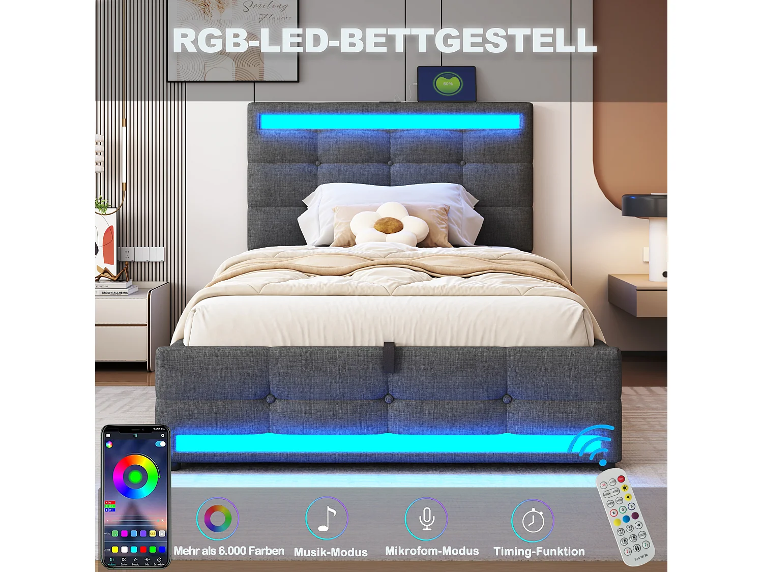 Cama infantil 90x200 cm linho cinza LED RGB USB armazenamento hidráulico moderno