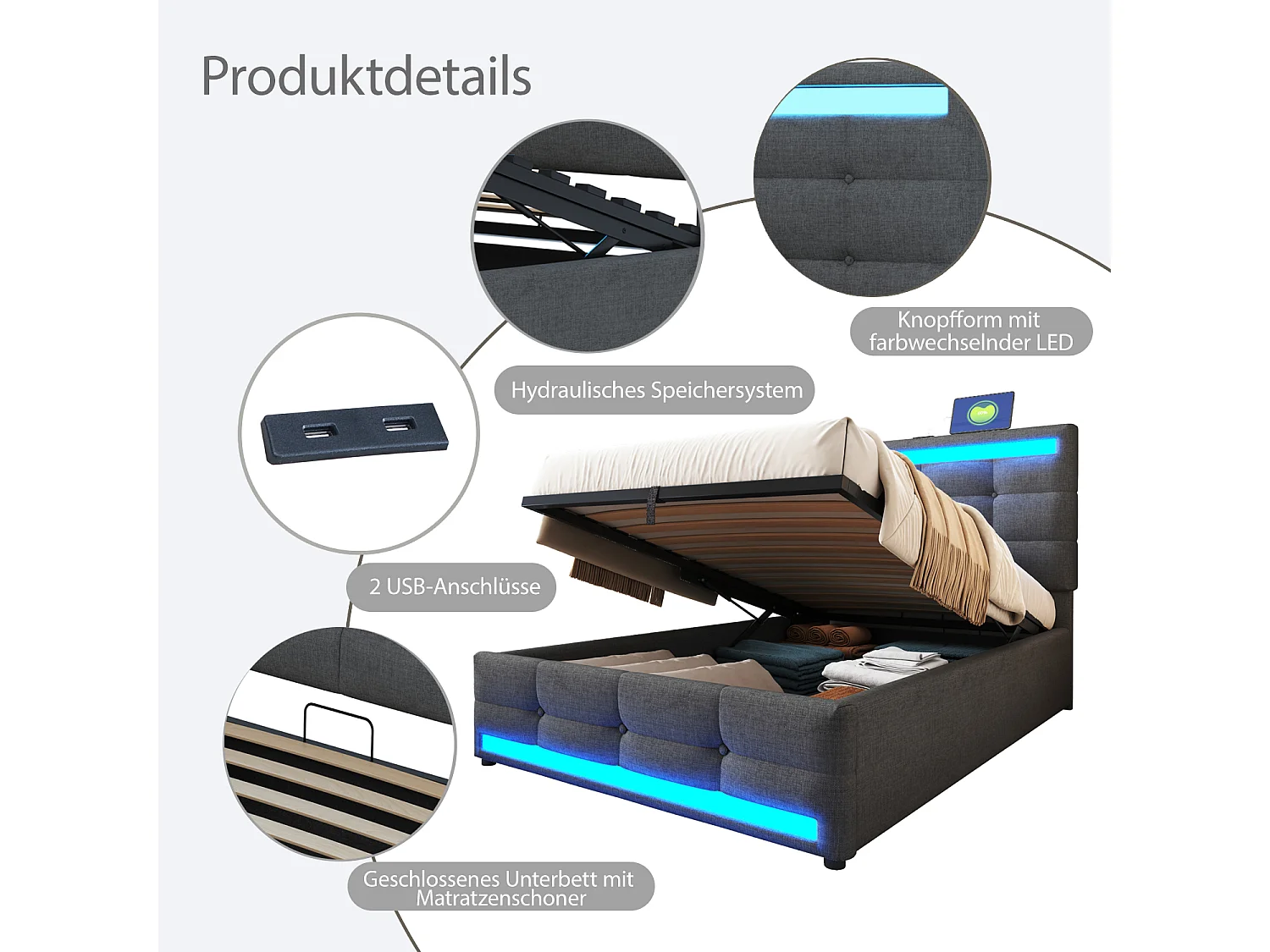 Cama infantil 90x200 cm linho cinza LED RGB USB armazenamento hidráulico moderno