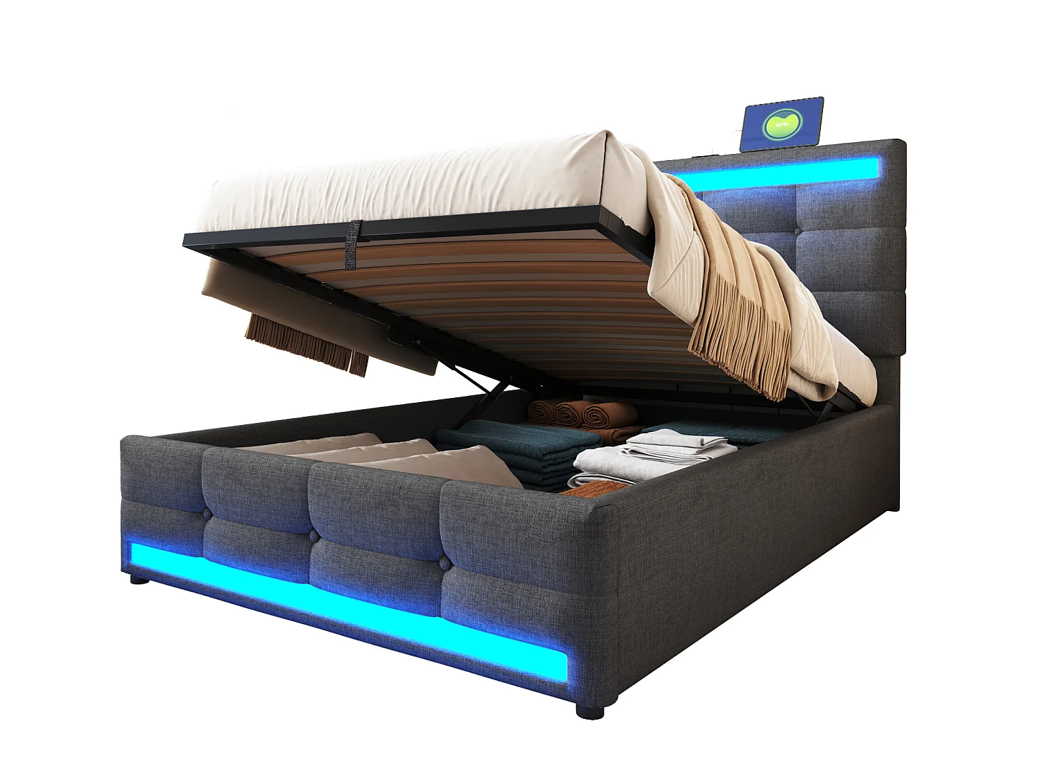 Cama infantil 90x200 cm linho cinza LED RGB USB armazenamento hidráulico moderno